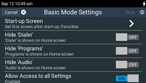 Basic Mode Settings screen Basic Mode Settings screen