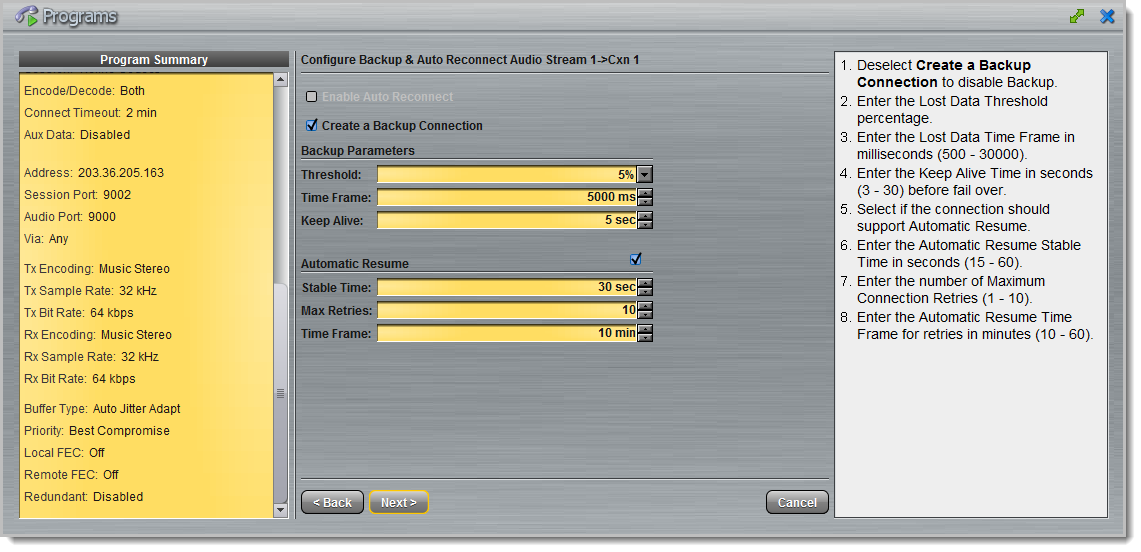 Programs panel - ViA 1 x PtP 7 backup
