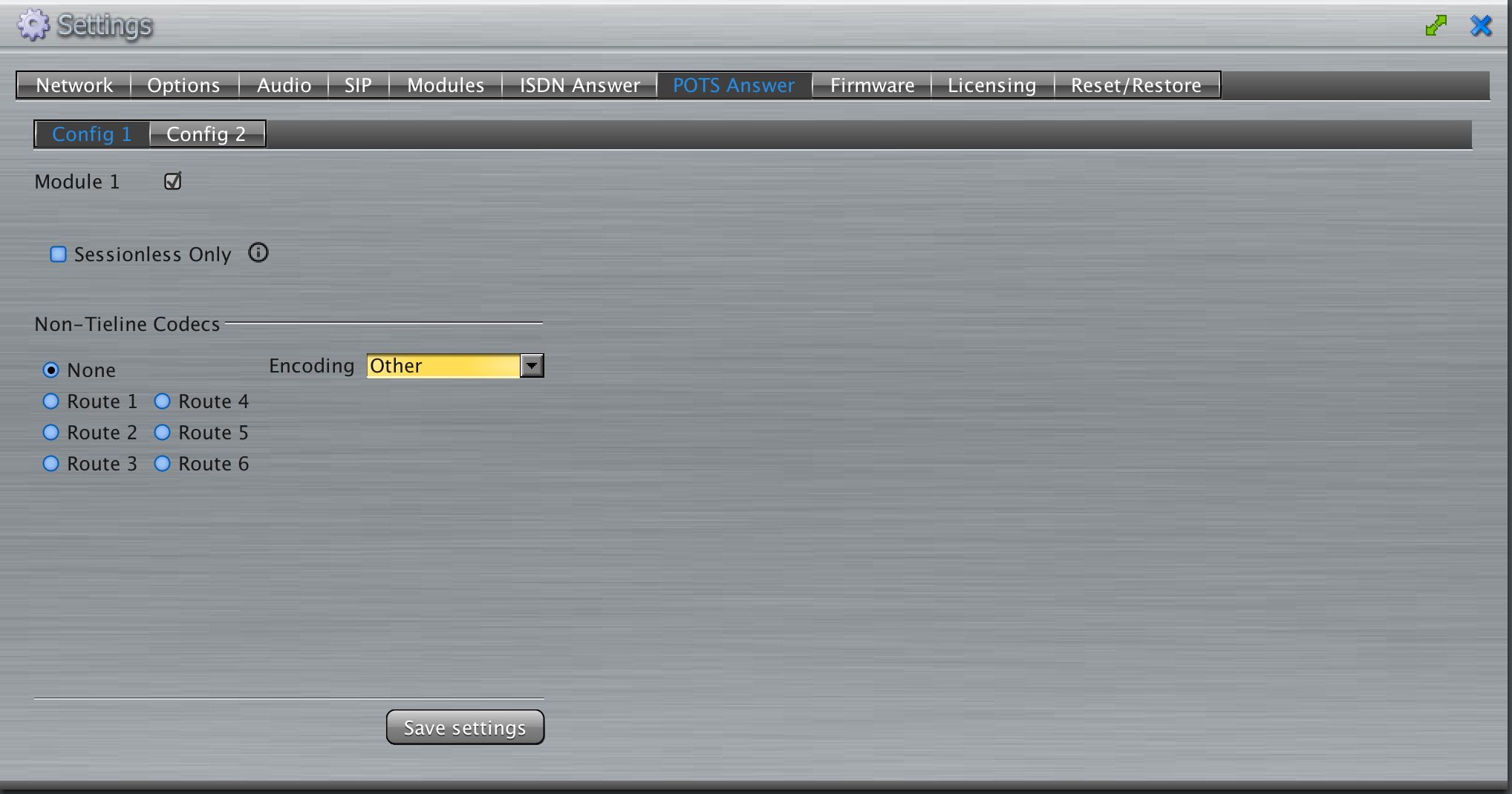 Settings - POTS Answer Config screen
