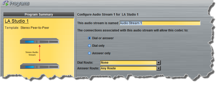 Programs panel - ViA 1 x PtP 2