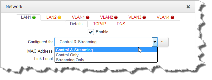 HTML Settings - Control and Streaming dropdown