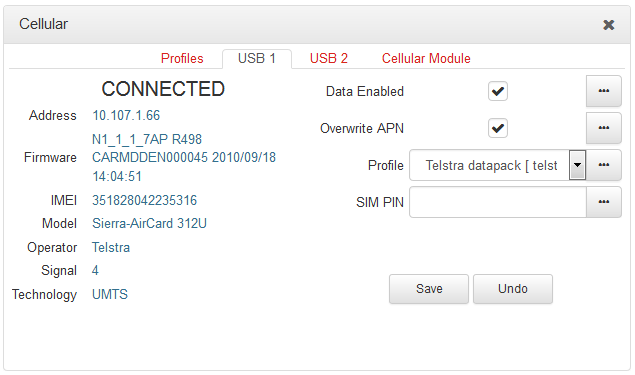 Cellular panel with modem attached to USB1