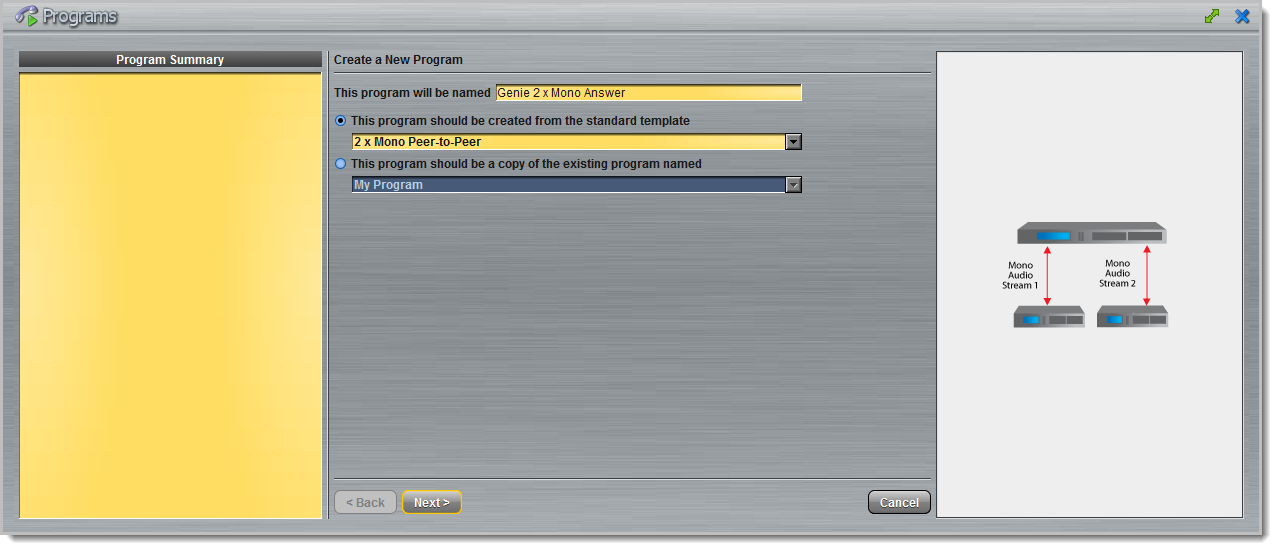 Programs panel - Genie Distro Dual Mono answer config 1