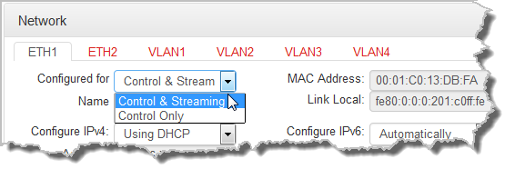 HTML Settings - Control and Streaming dropdown