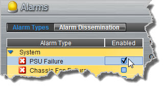Alarms panel - Genie alarm enable check-box