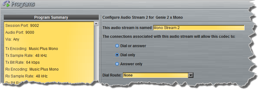 Programs panel - Genie Distro Dual Mono config 10
