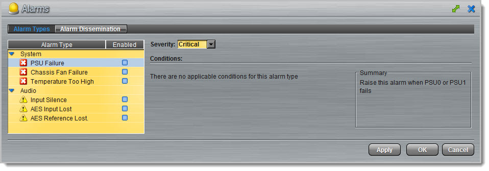 Alarms panel - Genie alarm types