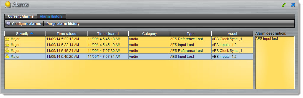 Alarms panel - Genie alarm history