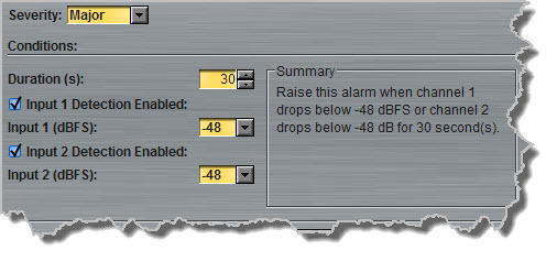 Alarms panel - input silence detection settings only