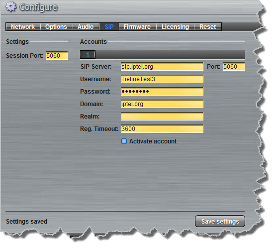 Settings - SIP settings saved
