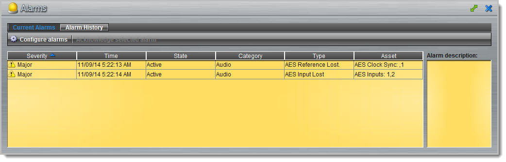 Current Alarms screen displaying active alarms