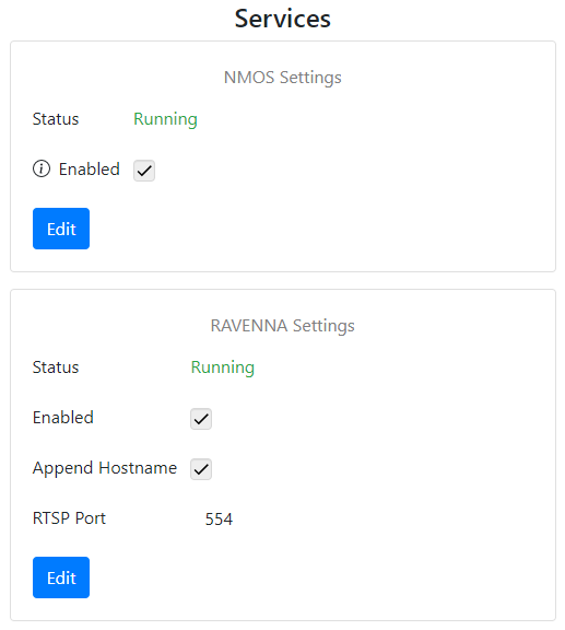 Services panel in the AES67 Web-GUI