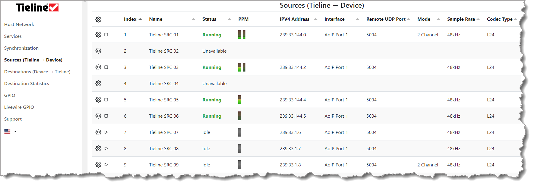 Gateway-16 AoIP Web-GUI for Configuring Sources and Destinations