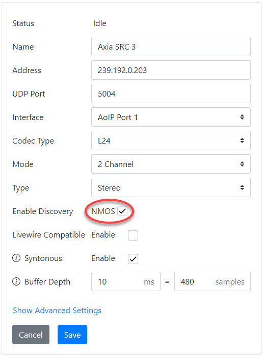 AoIP Web-GUI Destinations panel with NMOS enabled