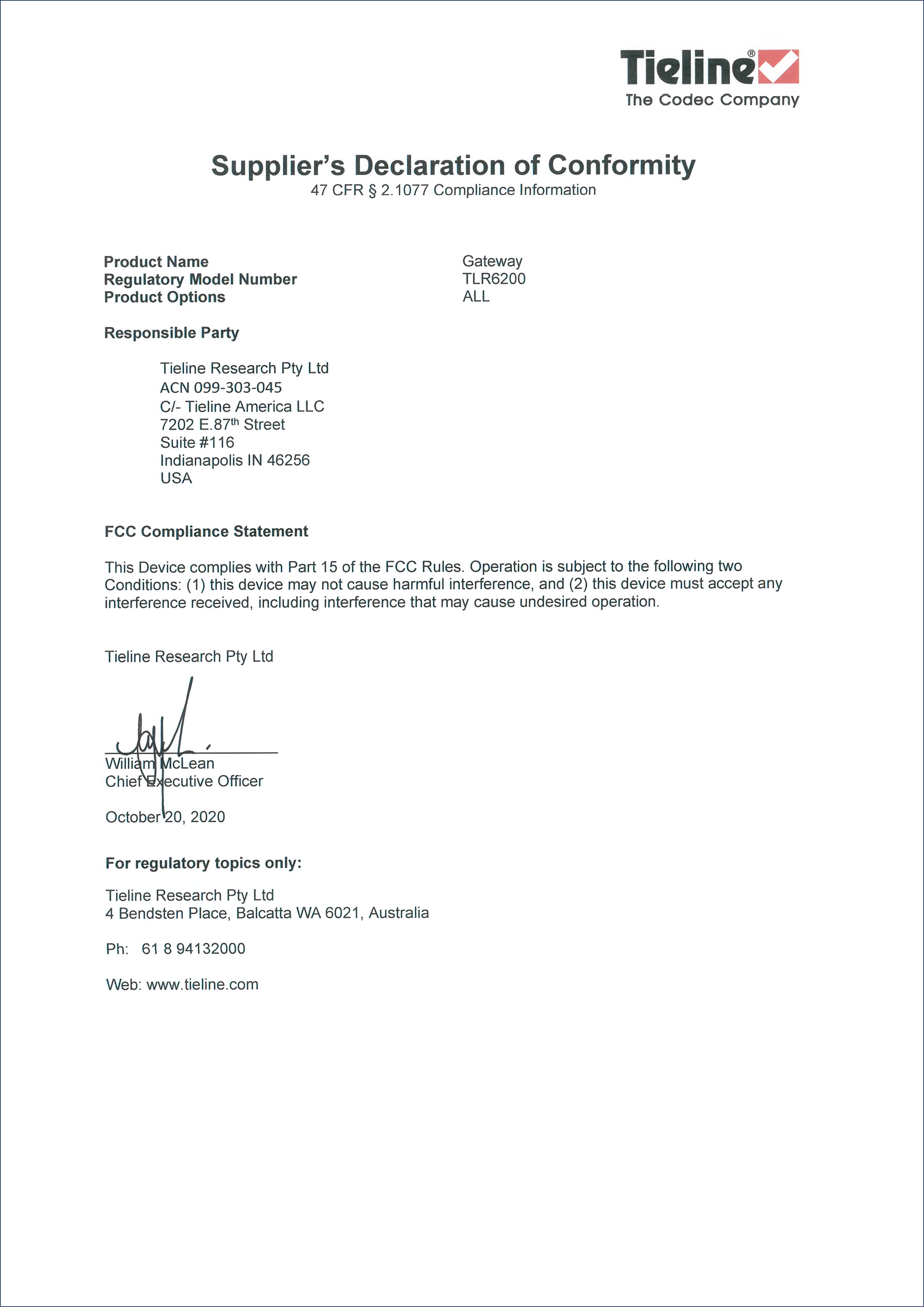 Tieline FCC signed Supplier Declaration of Conformity for TLR6200 (002)