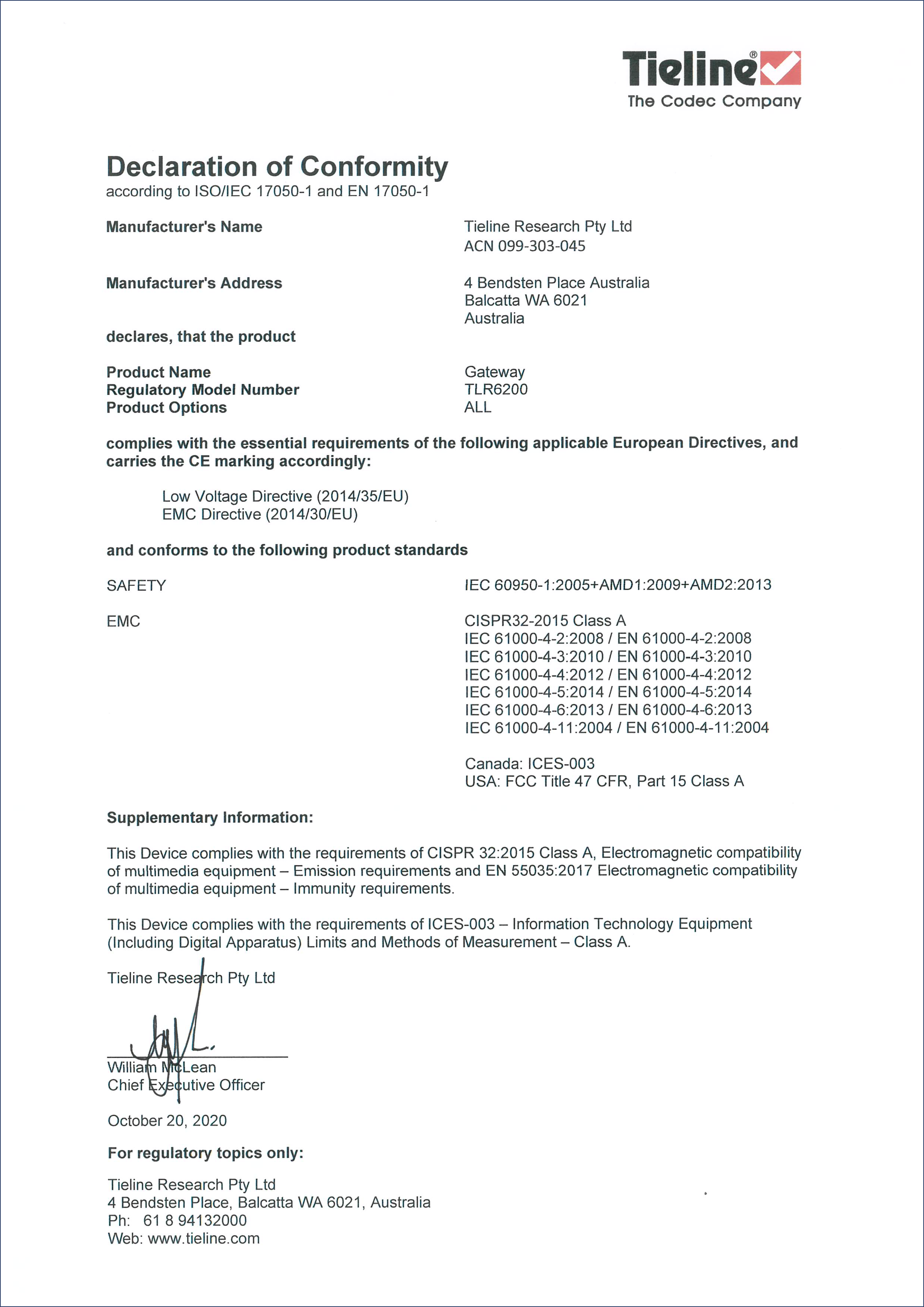 Tieline CE signed Supplier Declaration of Conformity for TLR6200 (002)