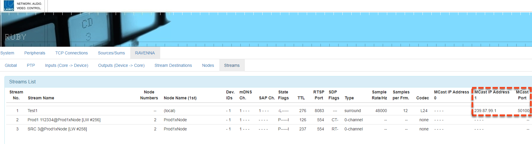 Example of LAWO device displaying its Multicast Source IP address and port