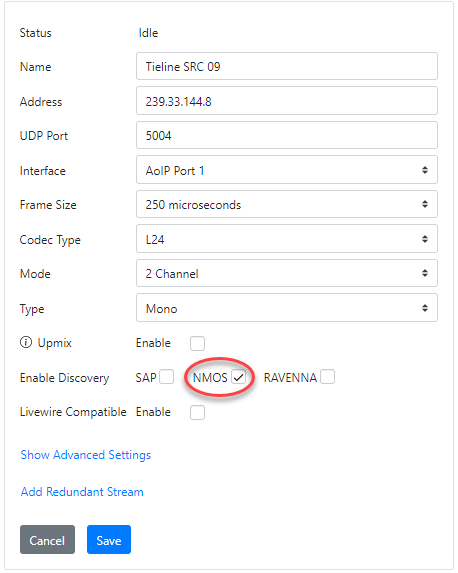 AoIP Web-GUI Sources panel displays NMOS enabled